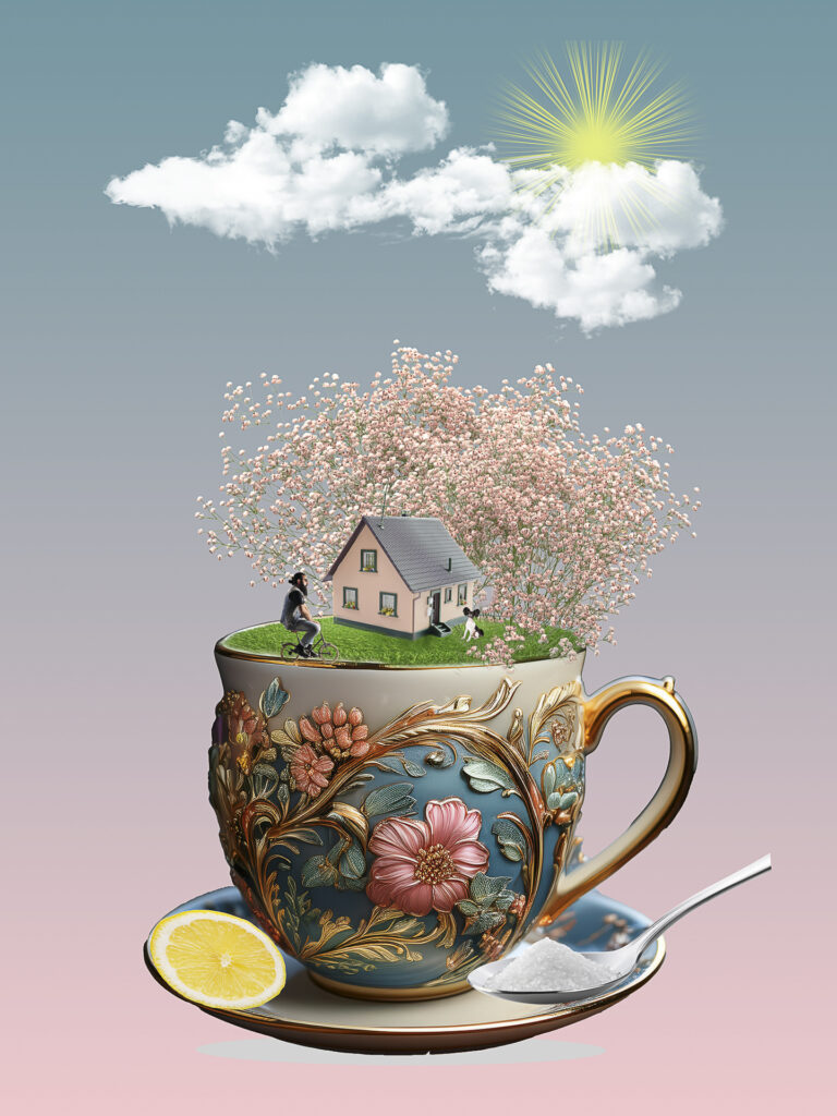 Photomontage d’une tasse avec effet visuel original et décor stylisé