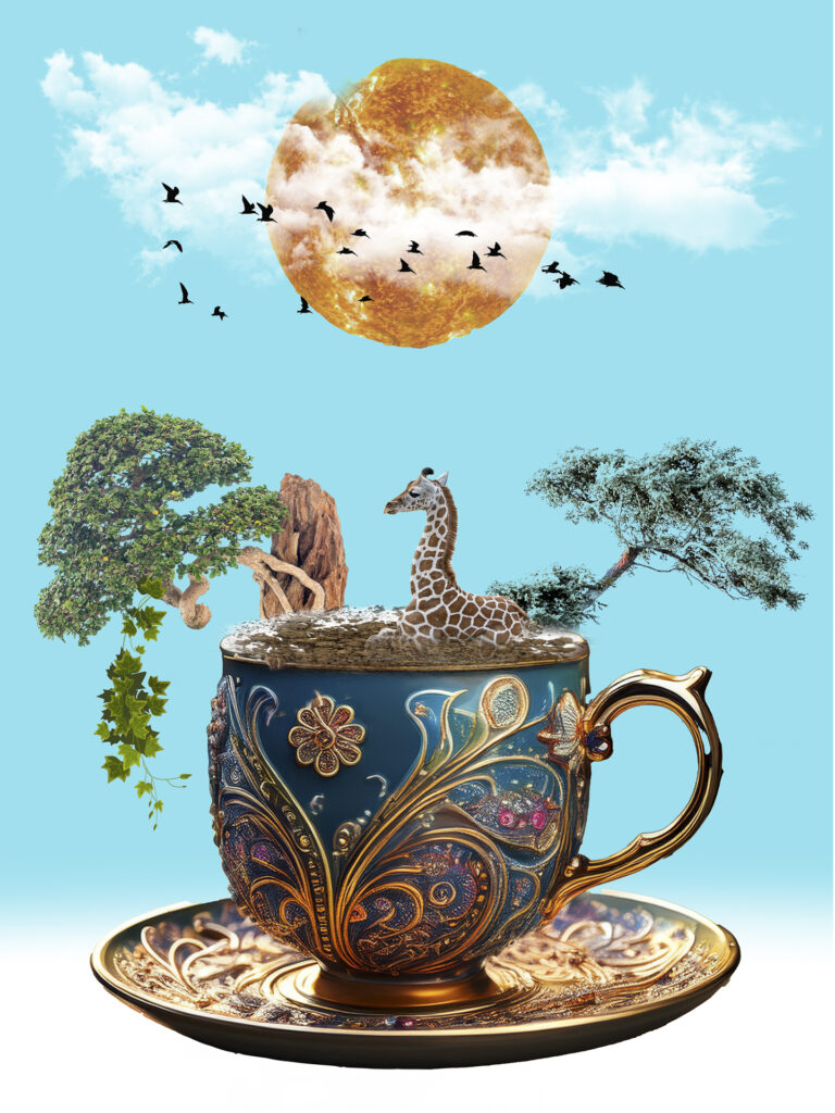 Photomontage d’une tasse avec effet visuel original et décor stylisé