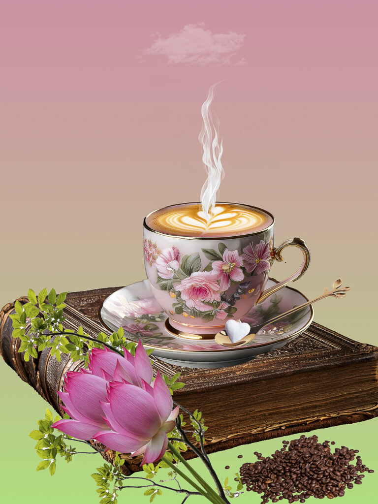 Photomontage d’une tasse avec effet visuel original et décor stylisé